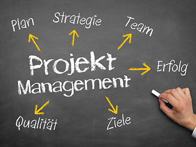 Das Wort "Projektmanagement" auf einer Tafel mit dazu gehörigen Nomen