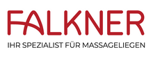 Logo mit rotem Schriftzug "Falkner - Ihr Spezialist für Massageliegen"