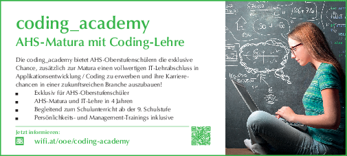 Banner "coding_academy - AHS-Matura mit Coding-Lehre - Mehr Informationen auf wifi.at/ooe/coding-academy"
