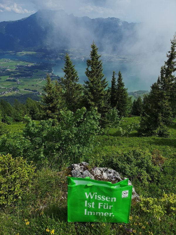 Foto einer WIFI Tüte mit einer Berglandschaft im Hintergrund