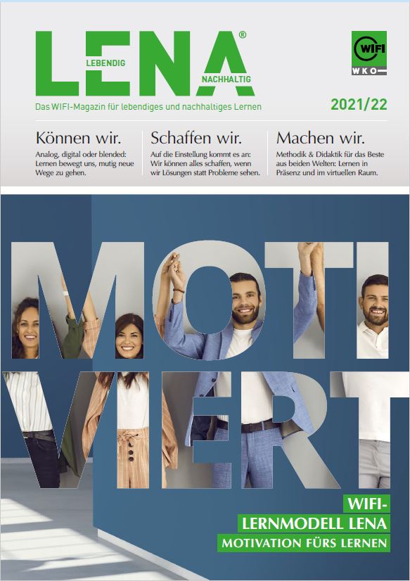 Folder für LENA - lebendig, nachhaltig. Das Wort Motiviert, im Hintergrund eine Gruppe von Menschen welche sich an den Händen halten